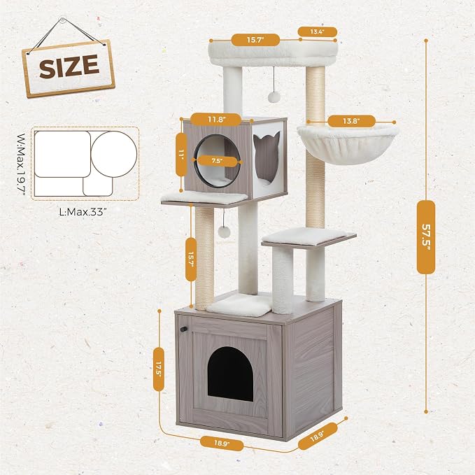PEQULTI 57.5" Cat Tree with Litter Box Enclosure Large, Wood Cat Tower for Indoor Cats with Storage Cabinet and Cozy Cat Condo, Sisal Covered Scratching Post and Replaceable Dangling Balls, Grey