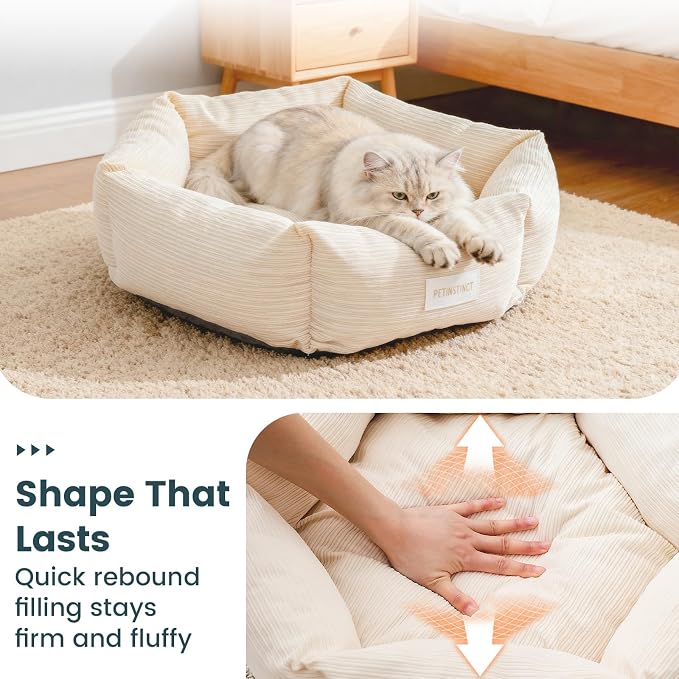 Cat Bed, 22 Inch Washable Corduroy Cat and Small Dog Bed with Removable Cover & Anti-Slip Bottom, Calming Comfort Pet Bed for Pets up to 15 lbs (Cream White)