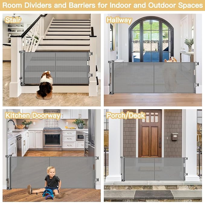 Reinforced 28-Inch Tall Retractable Baby Gates for Doorways, Walk Through Pet Gate for Stairs, Short Baby Gate with Support Rods, 55 Inch Wide Mesh Gate Retractable Gate Small Dog Gate, Gray
