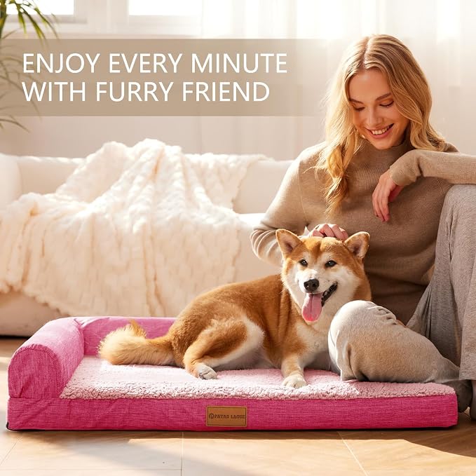 Patas Lague Orthopedic Large Dog Bed Washable Pet Sofa Bed 36''X24'' Pink | 2-Sided Bolster Egg-Crate Foam Dog Couch Large Sized Dogs, Waterproof Removable Washable Cover, Nonskid Bottom Pet Crate Mat