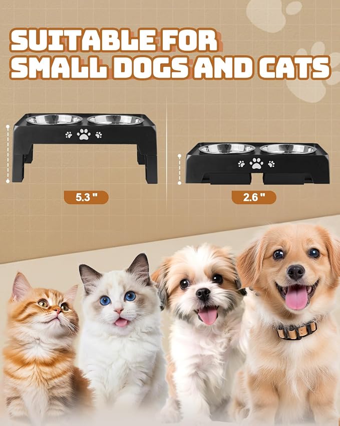 Jovrun Elevated Dog Bowls for Small Dogs and Cats, Non-Slip Cat Bowls with 2 Thick 5.5" Stainless Steel Dishes, Dog Feeder 2 Heights Adjustable to 2.6"-5.3"