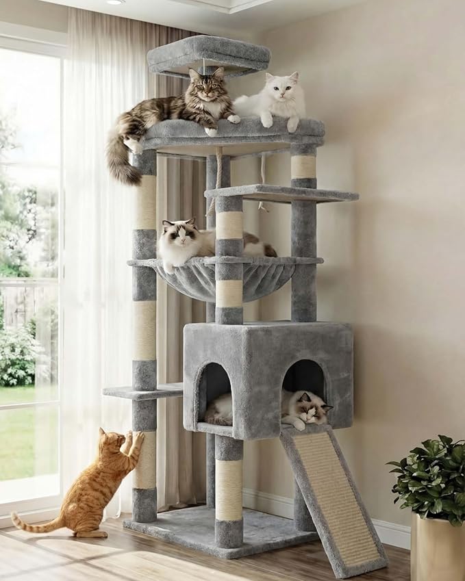 Heybly 64.2" Heavy-Duty Cat Tree for Large Cats with Wide Base HCT027W | Indoor Cat Tower with Scratching Posts & Board, Cat Furniture with Big Platforms, Extra-Large Hammock, Light Gray