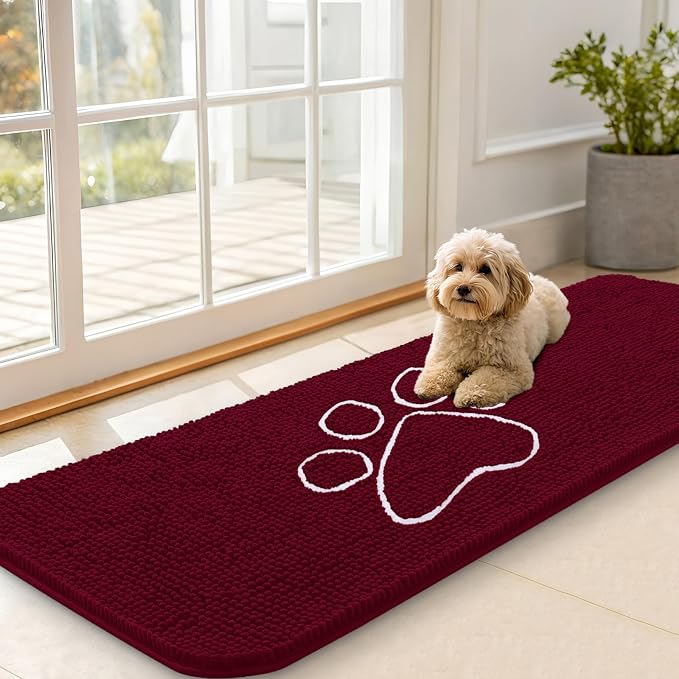 OLANLY Dog Door Mat for Muddy Paws 70x35, Paw Print Design Chenille Mud Mat | Burgundy, Absorbent, Traps Moisture and Dirt, Non-Slip Washable Doormat, Quick-Drying Indoor Entryway Floor Carpet for Dogs