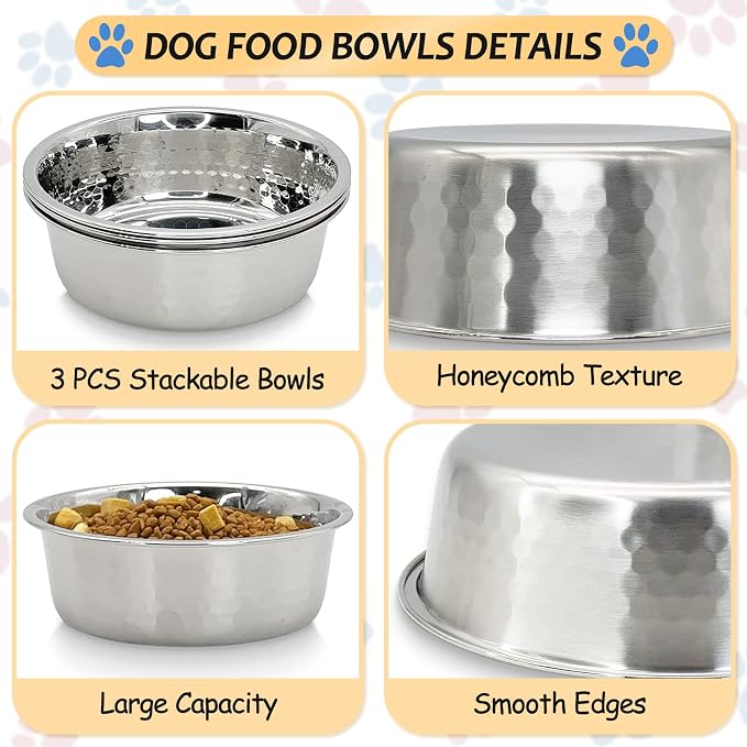 Fhiny 3 Pack Hammered Stainless Steel Dog Bowls, 4 Cups/32 Oz Premium Metal Puppy Feeder Bowl Set for Raised Feeding Station Basic Kitten Food & Water Dishes for Small & Medium Pets Dishwasher Safe