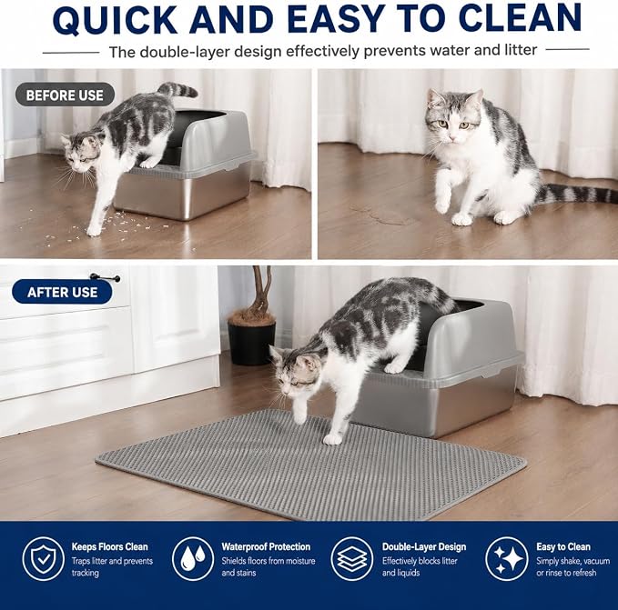 Cat Litter Mat 24 x 18 Inch, Double-Layer Honeycomb Litter Trapping Mat with Waterproof Leatherette Bottom, Urine-Resistant, Non-Slip, Easy to Clean, Gray