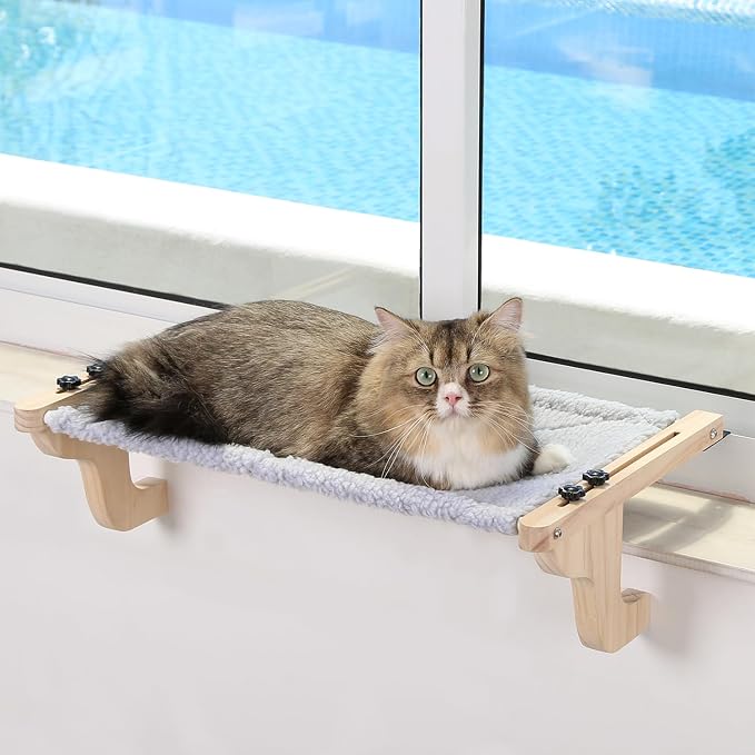 Zakkart Easy Seat Cat Perch for Windowsill (Natural Wood/Gray, M) | Hook-On Windowsill Mount, Clean Hammock Design, Premium Wood & Robust Metal Frame, Machine Washable Bed, 23"W x 14"D