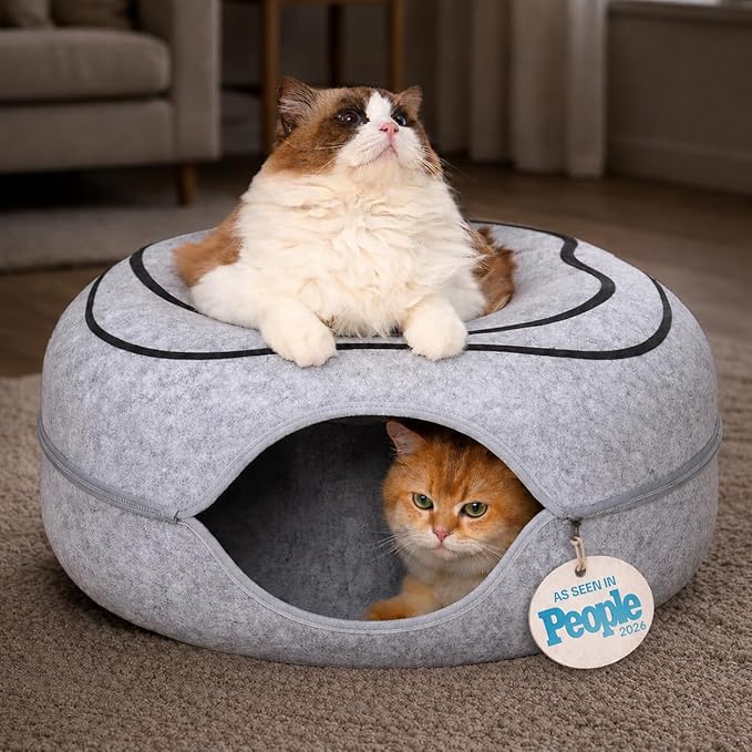 Peekaboo Cat Cave Donut - Cat Tunnel Bed for Indoor Cats – Cute Patterns Hideaway for Multiple & Large Cats, Scratch-Resistant (Light Gray)