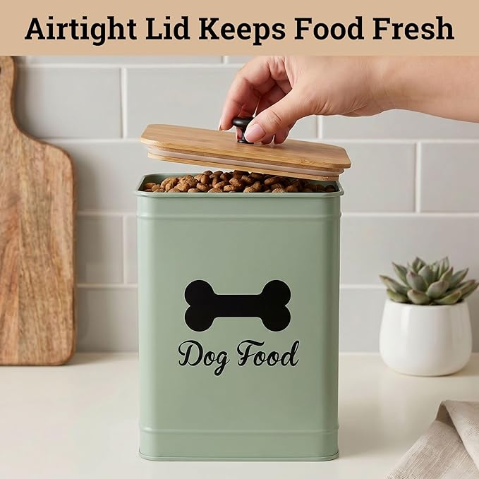 Dog Food Container Airtight Bamboo Lid 5-7 lb, 25 Cups, Sturdy Metal Handle | Pet Jar For Dogs up to 50lbs, Airtight Bamboo Lid, Sturdy Comfortable Metal Handle, Powder Coated Iron, Kibble Storage Bin