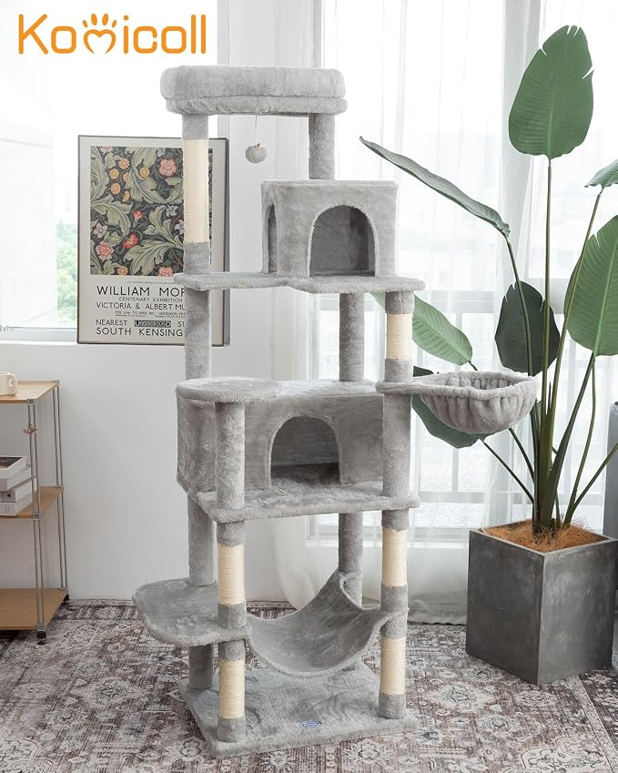 Multi-Level Cat Tree,69 Inches Tall Cat Tower with 2 Plush Condos,Hammock and Plush Perch, Scratching Posts and Pompoms,Gray Cat House for Indoor Cats