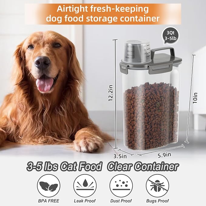 LEAWALK Airtight Small Cat Dog Pet Food Storage Containers BPA Free, with Large Pour Spout/1 Measuring Cup/ 4 Safety Locks and Double-layer Silicone Strip (Olive Gray x 2, 3L-2pack)