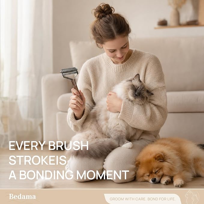 2 in 1 Cat Brush for Dematting & Deshedding, Undercoat Rake | Stainless steel undercoat rake for cats and small dogs helps remove loose hair, mats and tangles; grooming comb included