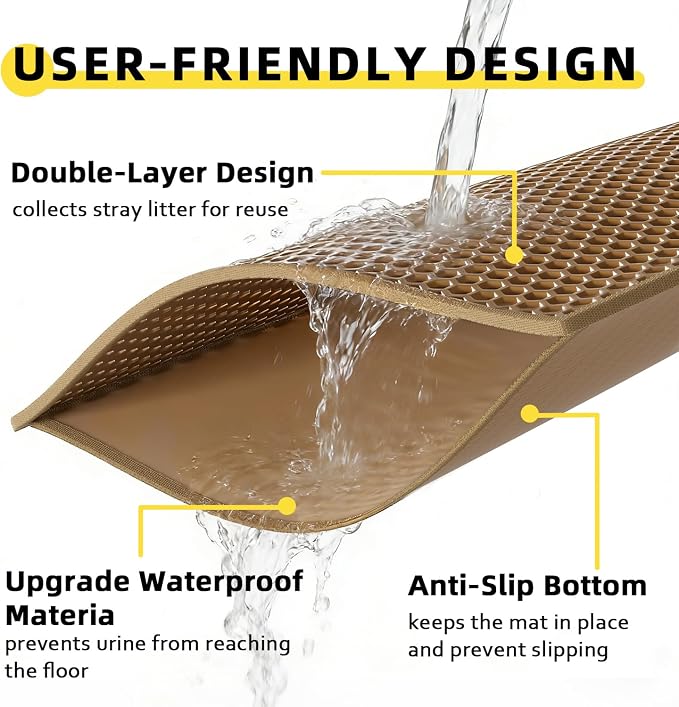 Cat Litter Mat, 30"x24", Waterproof, Easy to Clean (Brown-1Pack) | Double-Layer Honeycomb for Effective Litter Trapping, Premium Durable EVA, Non-Slip, Paw-Friendly Soft Surface
