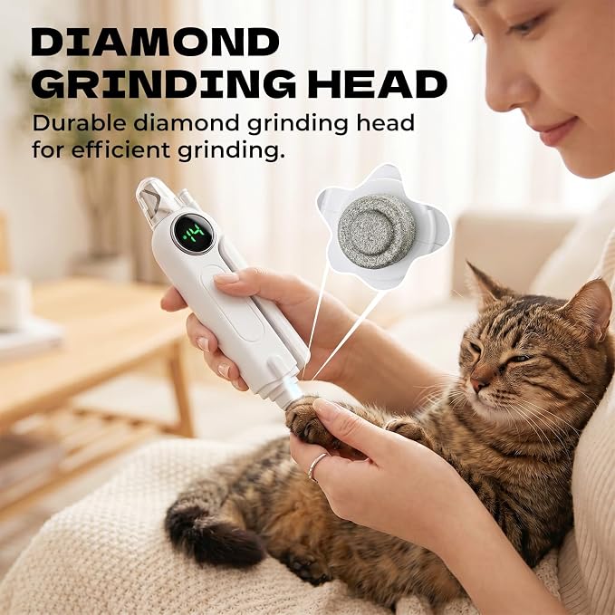 2-in-1 Pet Nail Clipper with LED Light and Digital Display – Upgraded Cat and Dog Nail Grinder with Safety Guard, USB Charging, Splash-Proof, Low-Noise, Pain-Free Nail Trimmer (White)