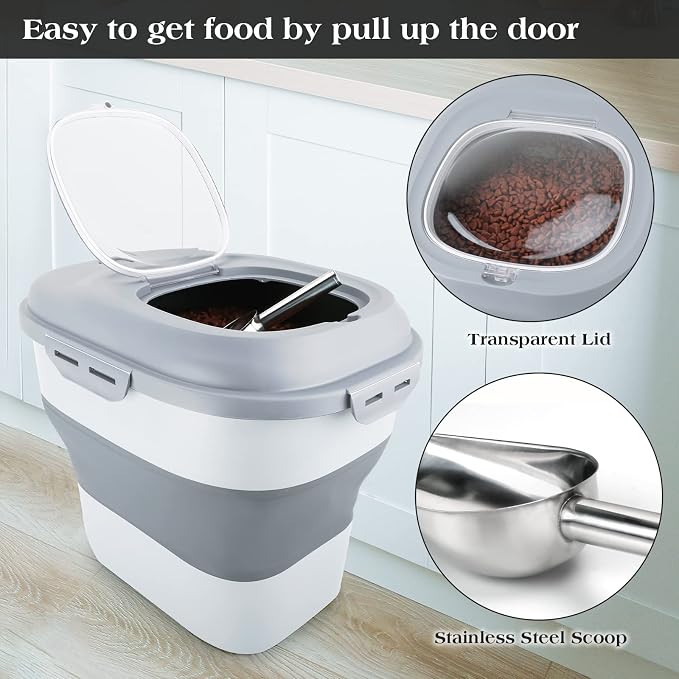 TIOVERY Dog Food Storage Container, Airtight Collapsible 13lb to 30lb Pet Food Container with Flip Top, Rolling Wheel, Scoop and 3L small container for Dog Cat Food and Dry Food of Rice, Flour