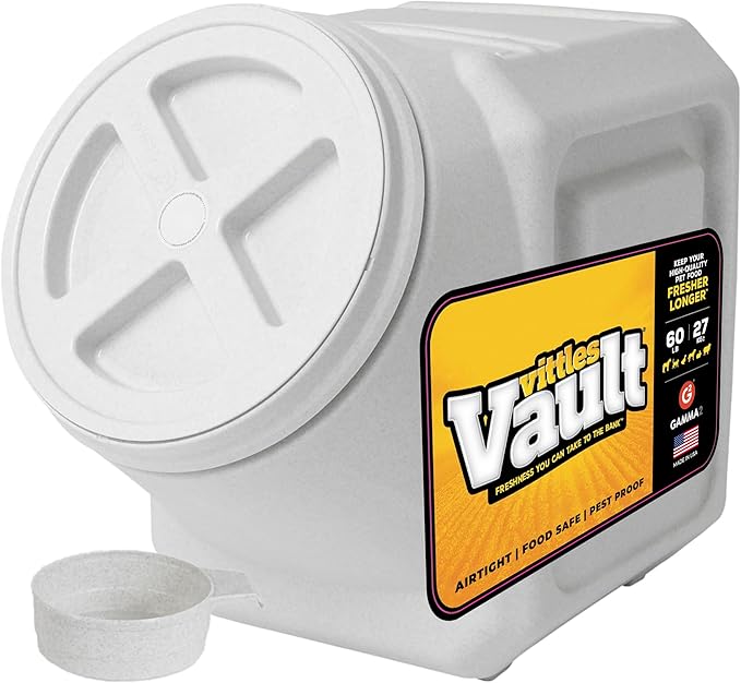 Vittles Vault Traditional Pet Food Storage Container For Dog Kibbles/Bird Seed/Oatmeal/Rice/Flour/Cereal, BPA Free Plastic, Sealed Airtight For Cat Food, Up To 60 lb, Made in USA, With Scoop, Gray