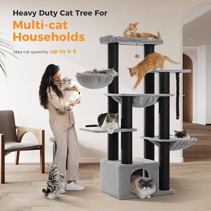 67" Cat Tree with 13 Thick Posts & 3 Hammocks, Maine Coon, Gray | 13 thick 4.3in sisal posts, XXL cozy cat condo, Extra large top perch, 3 spacious hammocks, Supports Maine Coon 20 lbs