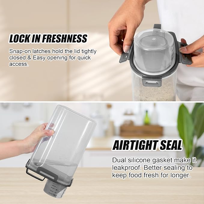 2 Pack 3 Lbs Pet Dog Cat Food Bird Seed Storage Containers for Travel -Grey | Airtight 5 Lbs Rice Dispenser Flour Container Keep Fresh Portable Cereal Oatmeal Holder Large Pour Spout Measuring Cup Handle