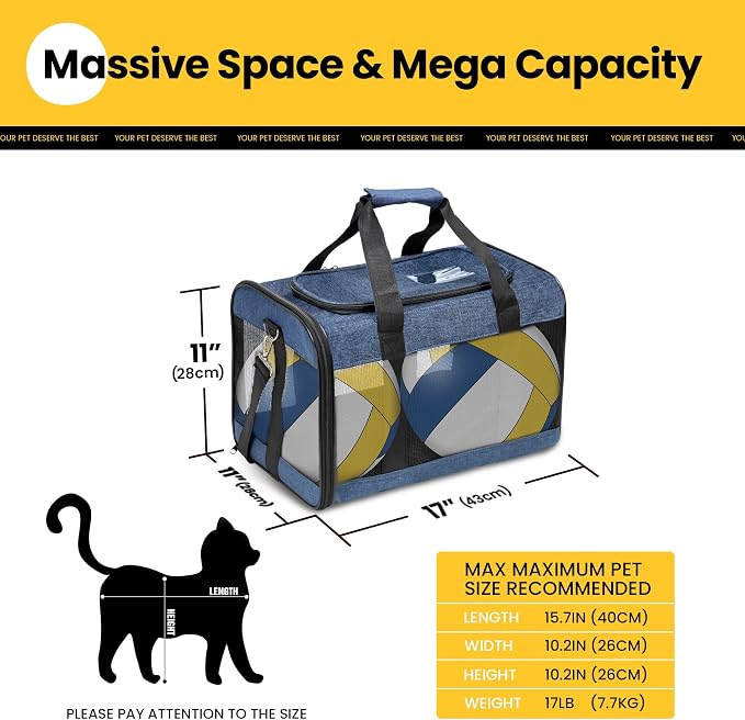 Conlun Cat Carrier Airline Approved, Soft-Sided Dog Carrier with Inner Safety Leash, Pet Transport Carrier for Small-Medium Cats Puppies up to 15 Lbs, Collapsible Travel Kitten Carrier Bag -Blue M