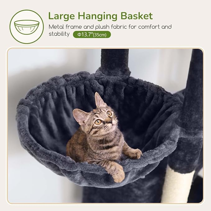 Globlazer F74B Cat Tree for Indoor Cats Large Adult, Multi-Cat, Dark Grey | Easy Setup, 74in Tall Tower, Oversized Top Perch, 2 Large Condos, Hanging Basket, 5 Sisal Scratching Posts, Anti-Topple Strap