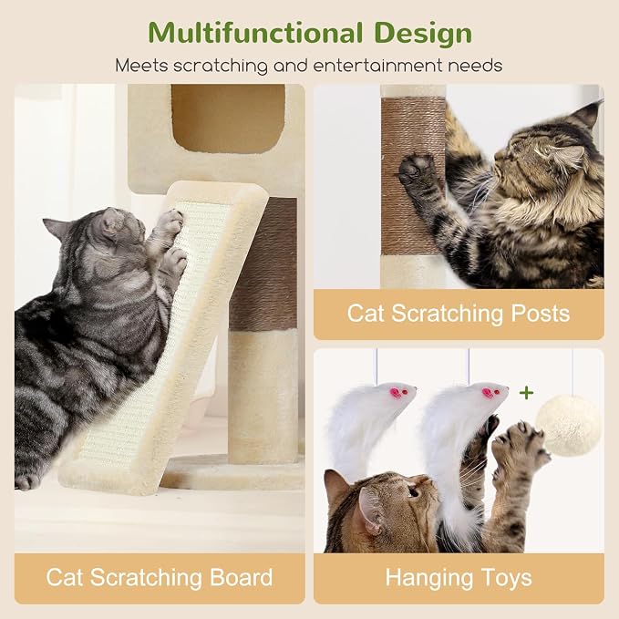 Globlazer 83inch Sturdy Multi-Level Tall Cat Tower, S83G, Beige | Extra Large Heavy Duty Cat Tree for Indoor Large Adult Cats Kittens with 2 Cat Condo, 8 Scratching Post, 2 Hammock