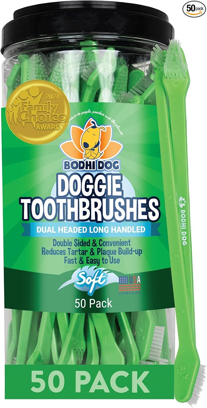 Bodhi Dog Dual-Headed Toothbrush for Dogs & Cats - Soft Bristles for Gentle Pet Dental Care - Puppy & Adult Teeth Cleaning - Easy-to-Use Design for Healthy Gums & Fresh Breath (50 Count)