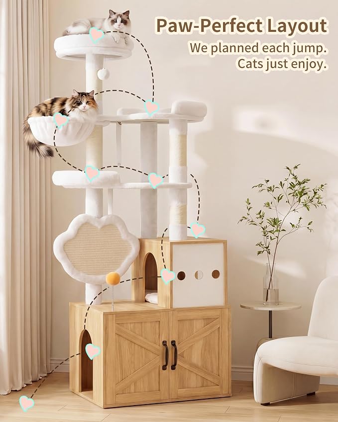 Heybly Cat Tree with Litter Box Enclosure, Modern 64" Hidden Tower HCT105BT | All-in-One Solid Wood Cat Condo for Indoor Cats with Paw-Shaped Board, Multi-Level Perch & Playzone, White Oak