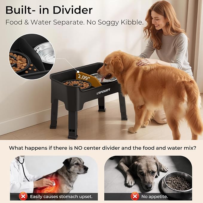 URPOWER Mess Proof Elevated Dog Bowls, High Wall Splash Guard Design, 4 Height Adjustable Raised Bowl Stand with Stainless Steel & Slow Feeder Bowl, Non-Slip Food Water Set for Small Medium Large Dogs