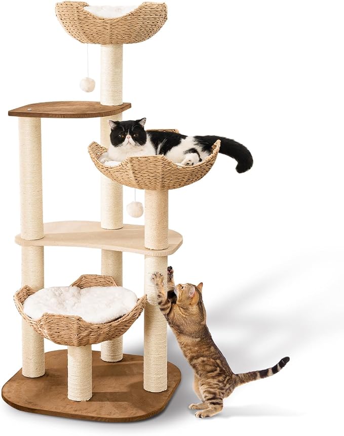 SHODMI 54-Inch Modern Cat Tree Tower, 3 Flower Basket Beds for Indoor Cats | White cloud mat, 5-level multi-cat design, 8 cm thick sisal posts, stable base, interchangeable cooling and plush mats