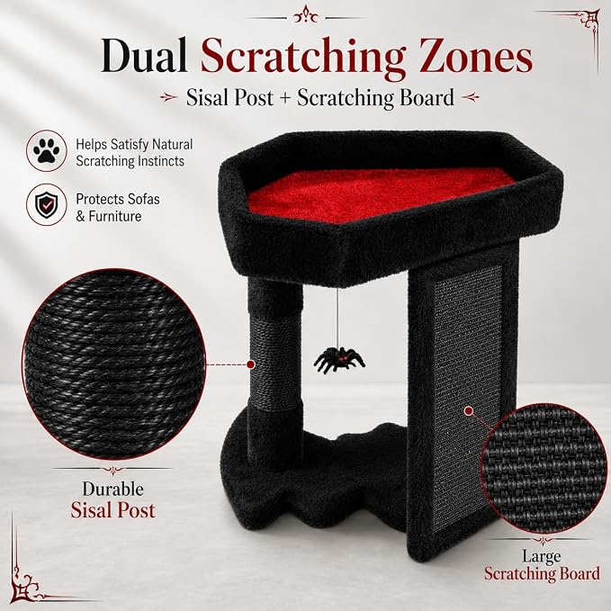 Gothic Cat Tree Tower with Coffin Cat Bed for Indoor Cats, Halloween Spooky Cat Scratcher,Goth Cat Tree with Sisal Scratchig Post and Spider Dangling Toys,Black with Red