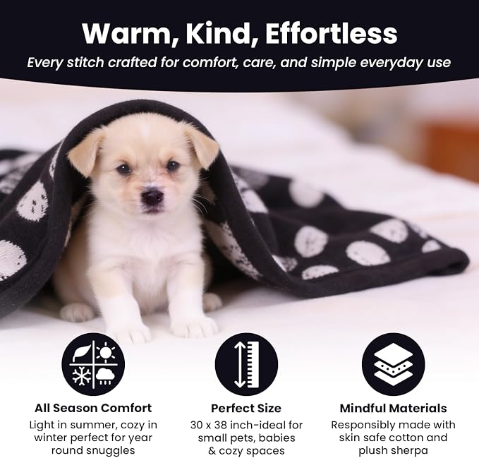 Small Pet Blanket - GOTS Certitied 100% Organic Cotton, Double Layer Plush Sherpa, Beige Jacquard Paw Knit, 30"x40", Ideal for Small Dogs and Cats - Soft and Warm