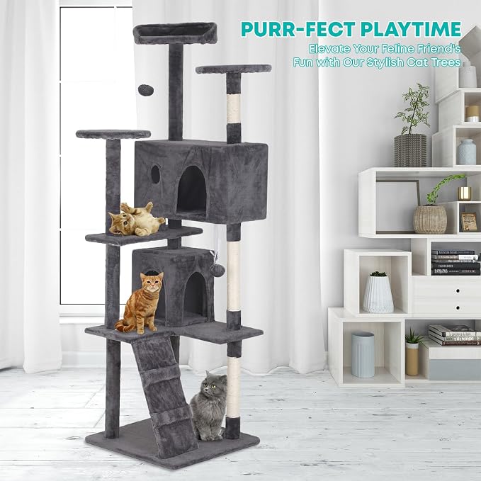 FDW | 70" Cat Tree Tower | Light Gray | Multi-Level Indoor Activity Center with Sisal Scratching Posts, Condos, Plush Perches, Hanging Cat Toys | Sturdy, Easy to Assemble | for Kittens & Adult Cats