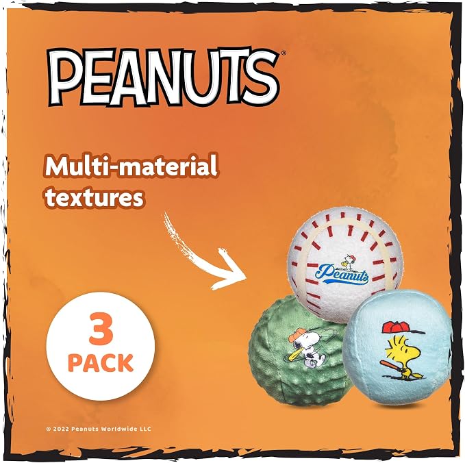 Peanuts for Pets Snoopy the Athlete Multi-Material Dog Ball Toy, 3-Pack - Squeaky, Interactive Dog Toys with Multiple Textures, Perfect for Fetch and Chew - Featuring Snoopy and Woodstock Designs