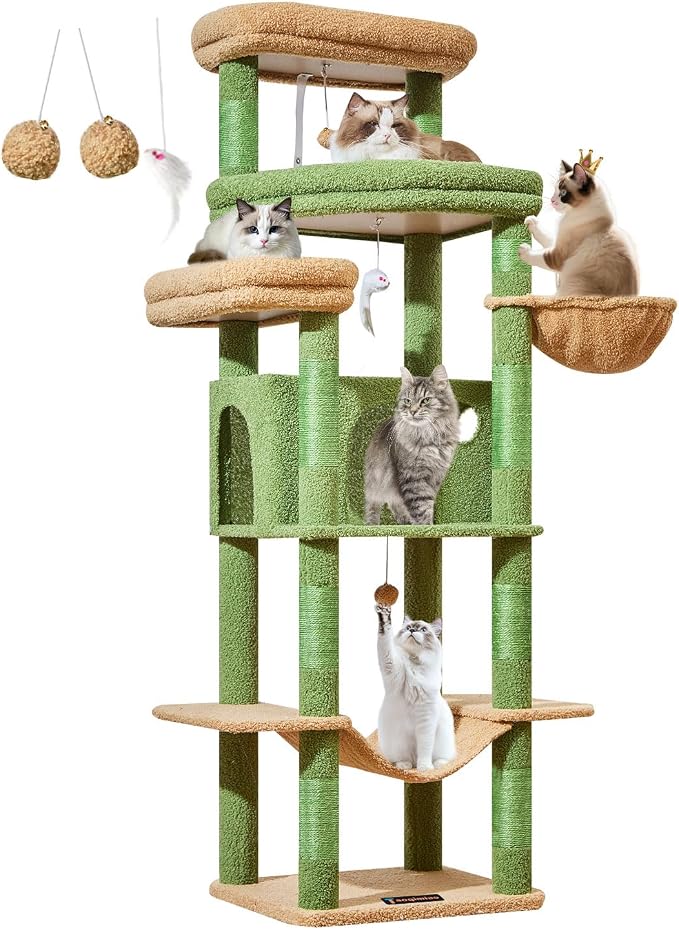 Taoqimiao Heavy-Duty Cat Tree, 71 in Cat Tower for Large Cats 20lbs+ | 3 Giant Multi-Tier Perches, Widened Cat Condo with 9 Scratching Posts, Plush Hammock & Basket, Toys, Cactus, MS034T