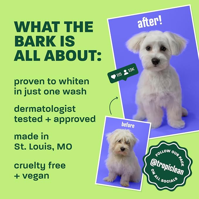 TropiClean Whitening Dog Shampoo, Ultra White Brightening Formula, 20oz