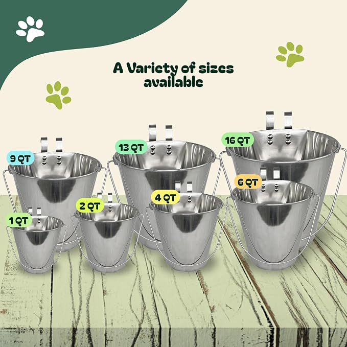 Advance Pet Products 4 Quart Stainless Steel Bucket with Dual Hook | Perfectly Fits on Kennels, Cages and Critter Crates | Heavy Duty Bucket for Pets Cleaning & Food Prep - Flat Sided Pail
