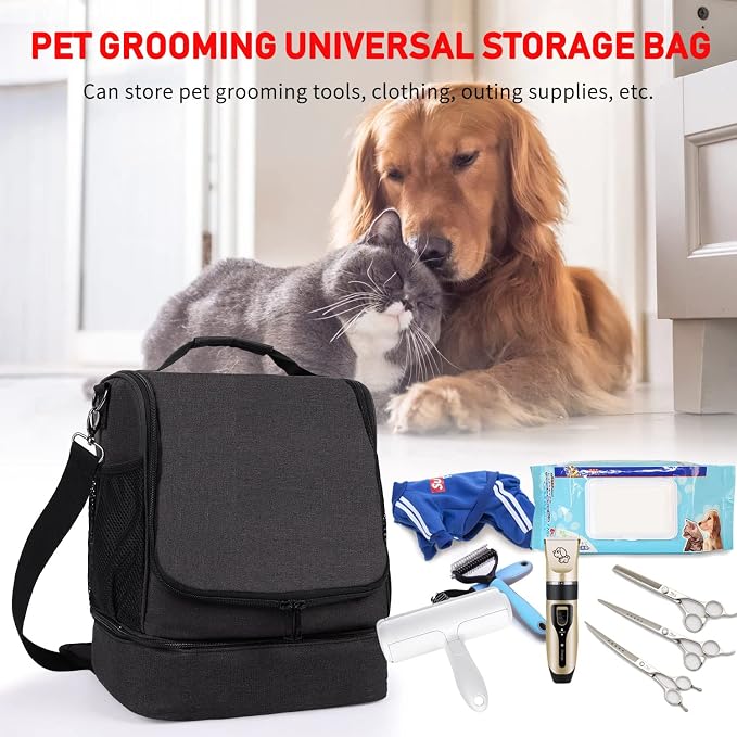 Dog&Cat Grooming Supplies Bag, Adjustable Compartments Wall Mounted Dog Grooming Bag for Pet Groomers, Cat Grooming Bag for Dog Clippers/Wipes/Hair Remover/Nail Trimmer/Brush/Comb/Shampoo