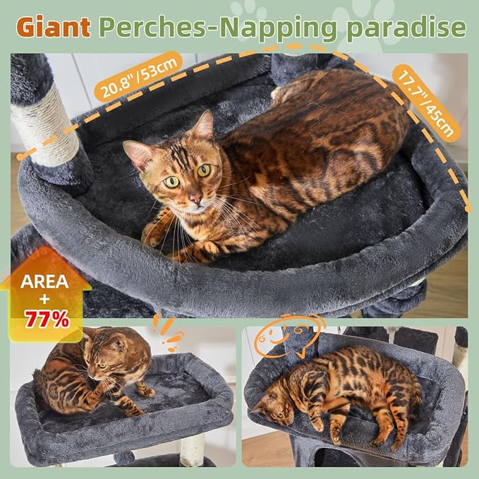 Taoqimiao Heavy-Duty Cat Tree, 71 in Cat Tower for Large Cats 20lbs+ | 3 Giant Multi-Tier Perches, Widened Cat Condo with 9 Scratching Posts, Plush Hammock & Basket, Toys, Smoky Gray, MS034G