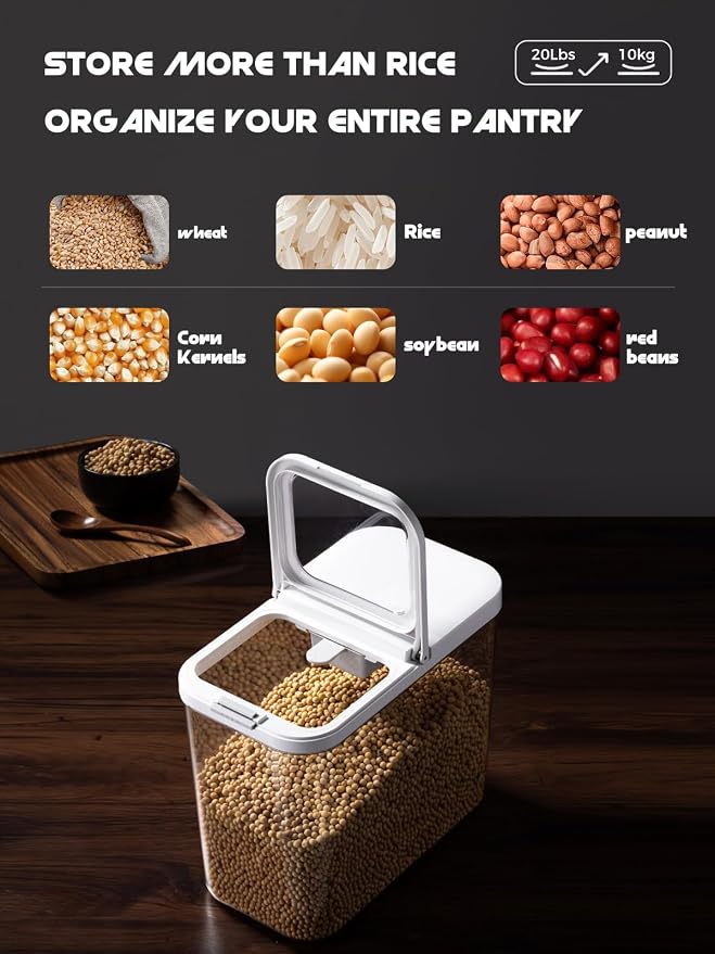 LivLab Mker 20-25 lbs Rice Dispenser with measuring spoon - Rice Container | 11.4Qt/12L Large Airtight Food Storage Rice Container for Cereal, Flour - BPA-Free PET, Slim Space-Saving