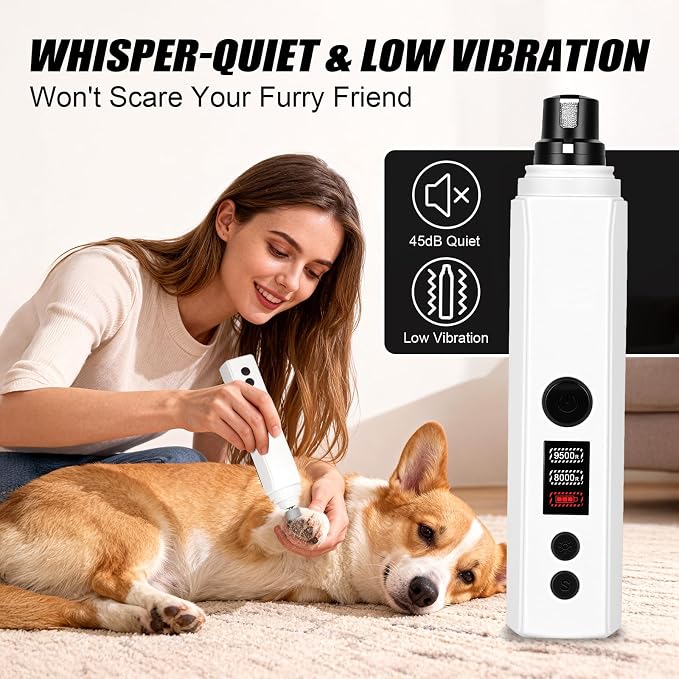 Quiet Dog Nail Grinder,2026 New Updated Quiet Electric 2-Speed Professional Pet Nail Grinder with Quick Sensor, Rechargeable Painless Trimmer for Large to Small Dogs & Cats, LED Light & Guard