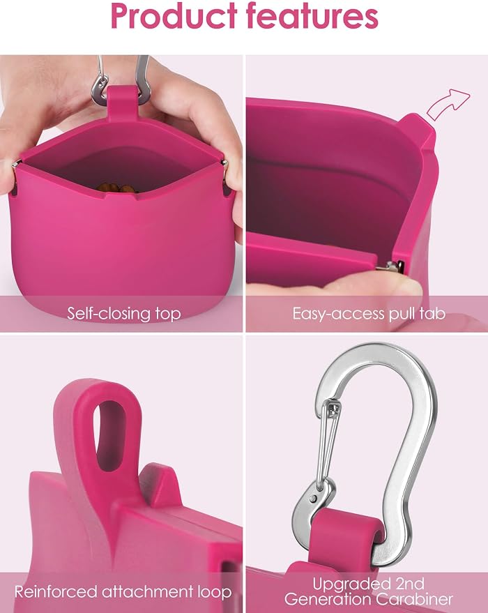 1 Cup Silicone Dog Training Treat Pouch (Hot Pink) | Clip on Leash or Belt Loop, One-Hand Access with Pull Tab, Small Pocket Sized, Auto Closing Lid for Pet Training & Walking