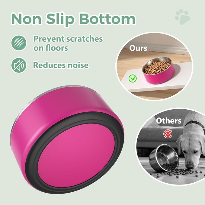 LIHONG Stainless Steel Dog Bowls for Large Dogs,Dog Food Water Bowls with Non Slip Rubber Bottom,Pet Feeding Bowl,Double Wall Insulated,Rustproof(64oz,Pitaya Pink)