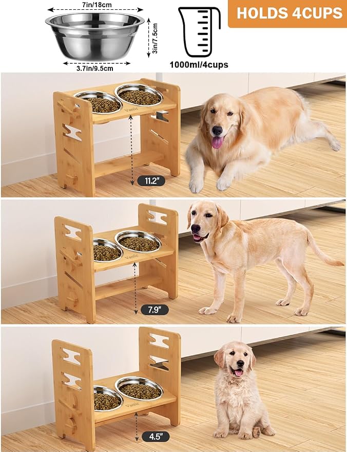 Elevated Dog Bowls, Raised Dog Bowl Stand Adjustable Medium, Natural | Bamboo Elevated Feeder with 2 Stainless Steel Bowls, Adjustable Height Stand for Medium Dogs