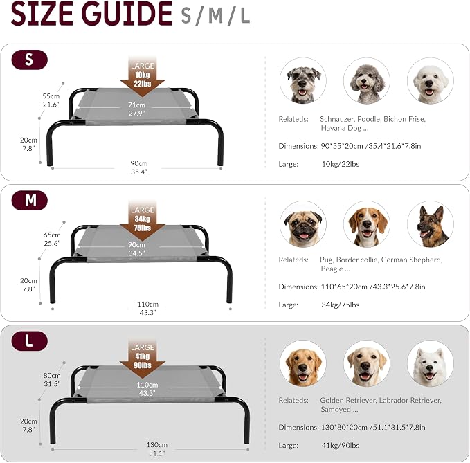 OUTSIDER Elevated Dog Bed with Breathable Mesh Fabric, Large Raised Pet Cot with Airflow and Support, Durable and Easy to Clean (Grey, Large)