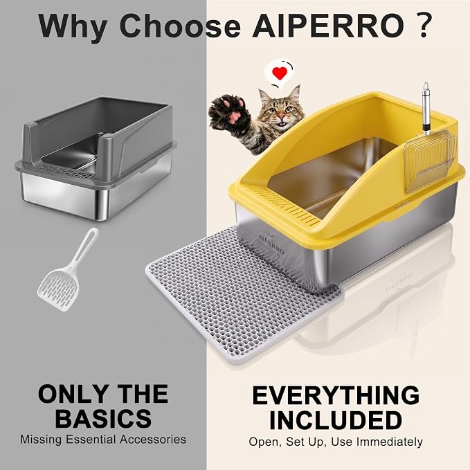 AIPERRO Stainless Steel Litter Box | XL Metal Cat Litter Boxes with Lid | Enclosed High Sided for Big Cats | Anti-Urine Leakage | Non-Stick & Easy to Clean with Litter Mat & Metal Scoop (Yellow)