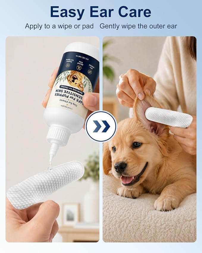 2 x 8 Fl Oz Dog Ear Cleaner Wax Removal | Safe for Puppy Sensitive Skin Gentle Daily Ear Care, Wash Clean Solution for Routine Maintenance with 50 Finger Wipes