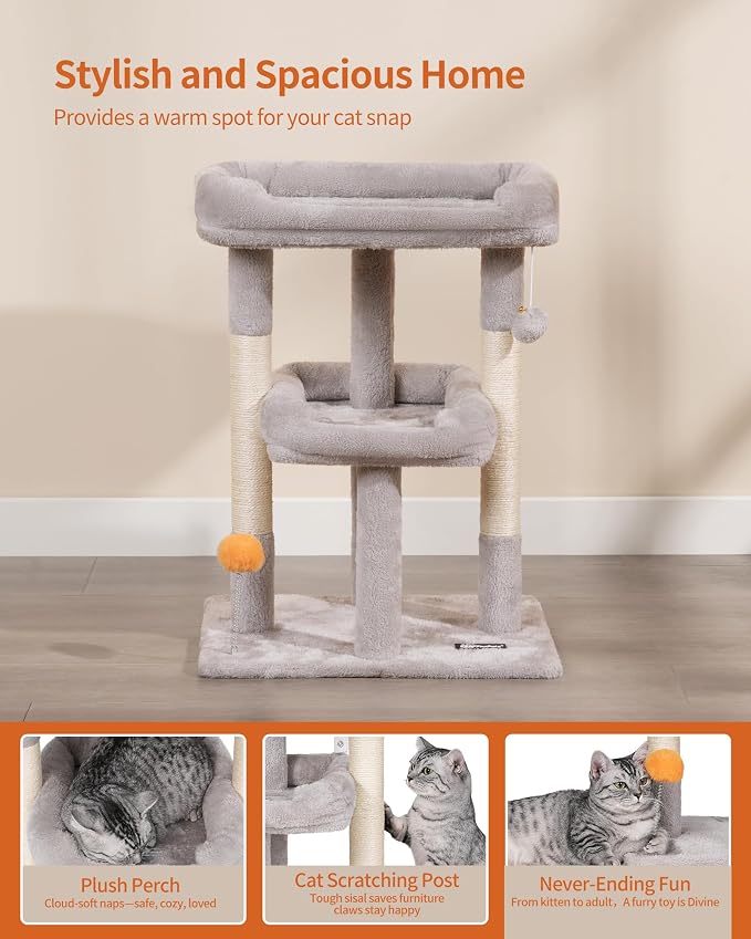 Small Cat Tree, Multi-Level Cat Tree for Indoor Cats, Cat Tower with Scratching Post, Cat Condo for Kittens,Toy Balls, 2 Soft Platform, Light Gray