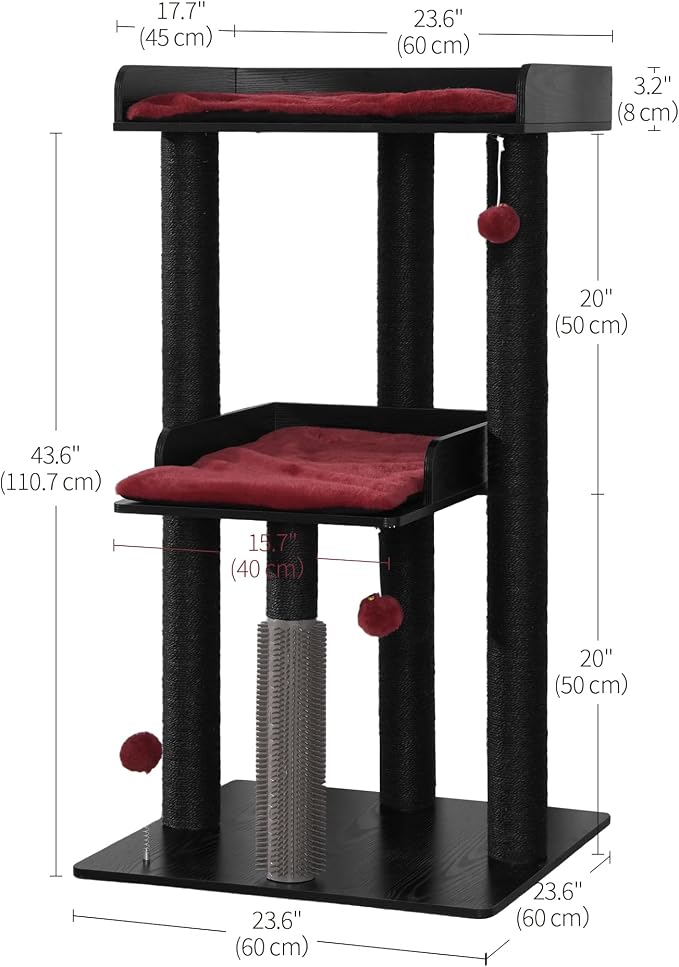 43.7" Modern Cat Tree, Cat Tower for Large Cats, Wood Cat Tree | Maine Coon Cat Tree, Cat Tower with Scratching Post, Large Perch and Removable Pads, Black&Red
