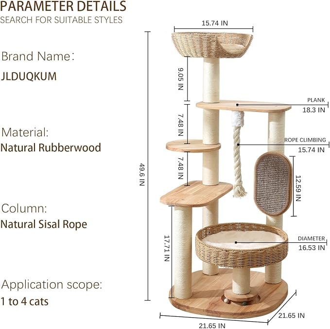 49.6in Solid Wood Cat Tree for Large Cat, Modern Tall Cat Tower | Multi-Level Cat Condo, Cute Aesthetic Design, with Scratching Post, with Hand-Woven Cat Bed, for Indoor Cats, Easy to Clean