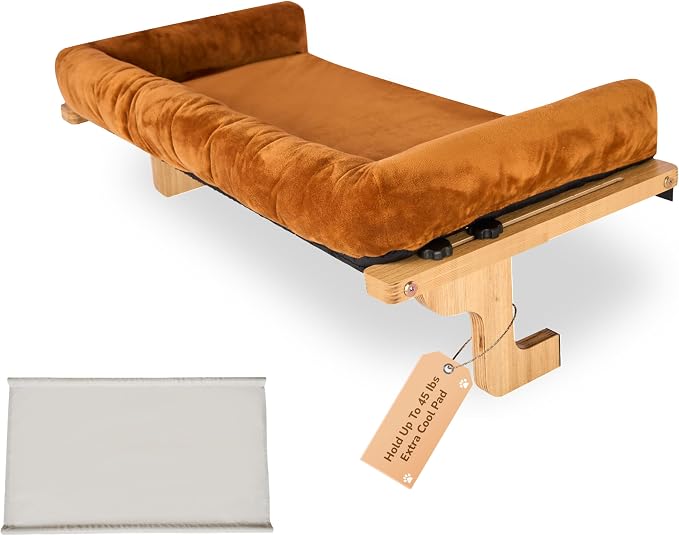 [Ready to Gift] PURRHOUSE 45LBS Cat Window Perch with Bolster, Hammock Seat with Plywood & Metal Frame, Cat Bed for Windowsill, Bedside and Cabinet (Natural Wood & Brown Cushion, 24.8''W x 9.4''H)