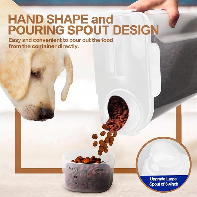 TIOVERY Dog Food Storage Container, 5-7 Lbs Airtight Pet Food Container, Cat food Container Dispenser with Portable Handle, Pouring Spout, Measuring Cup and a Collapsible bowl for Dogs Cats White/6Qt